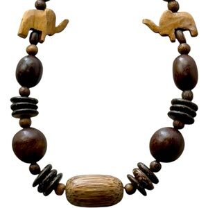 Boho Tribal Elephant Wood Bead Necklace 26” Handmade Statement Festival Carved